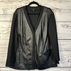 Womens Lafayette 148 Black Leather Front Knit Back V-Neck Snap Up Jacket Top 20